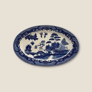 Vintage Blue Willow Oval Serving Platter  Country Cottage Farmhouse Decor Cerami